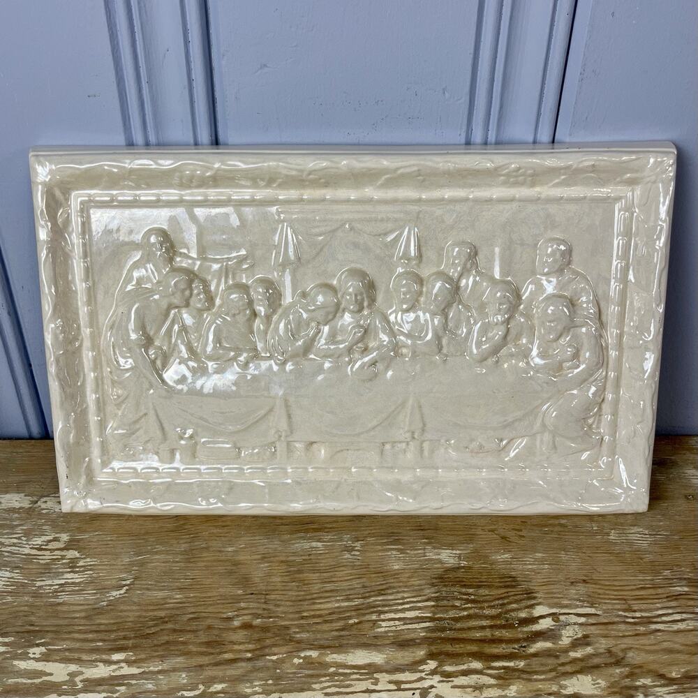 Vintage Last Supper Ceramic Wall Plaque White Lusterware Bas Relief 13” Decor - Picture 10 of 16